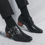 Men's Vintage Paisley Pattern Metal Buckle Chunky Heel Dress Shoes