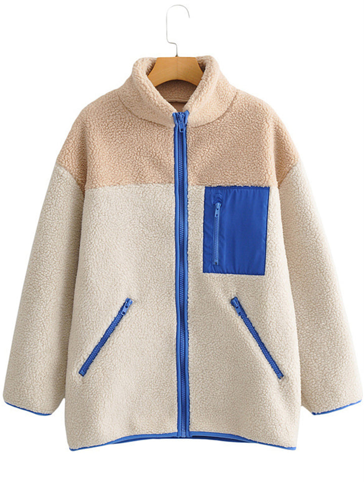 Women's Trendy Contrast Color Simple Zip Up Fleece Coat