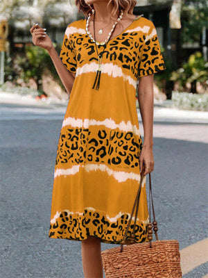 Summer V Neck Leopard Print Short Sleeve Midi Dress for Lady
