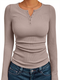Women's Solid Color Striped Buttons Pullover Slim-fit Long Sleeve Shirts