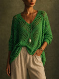 Women V Neck Crochet Knit Sweater Hollow Out Boho Beach Top