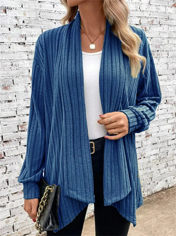 Women's Autumn Solid Color Pit Stripe Asymmetric Hem Cardigan Coats