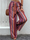 Women's Summer Contrast Color Stripe High Waist Wide Leg Pants