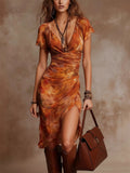 Womens Boho Floral Ruched High Slit V Neck Midi Dress