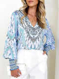 Women's Printed Pullover V-neck Lantern Sleeve Blouse