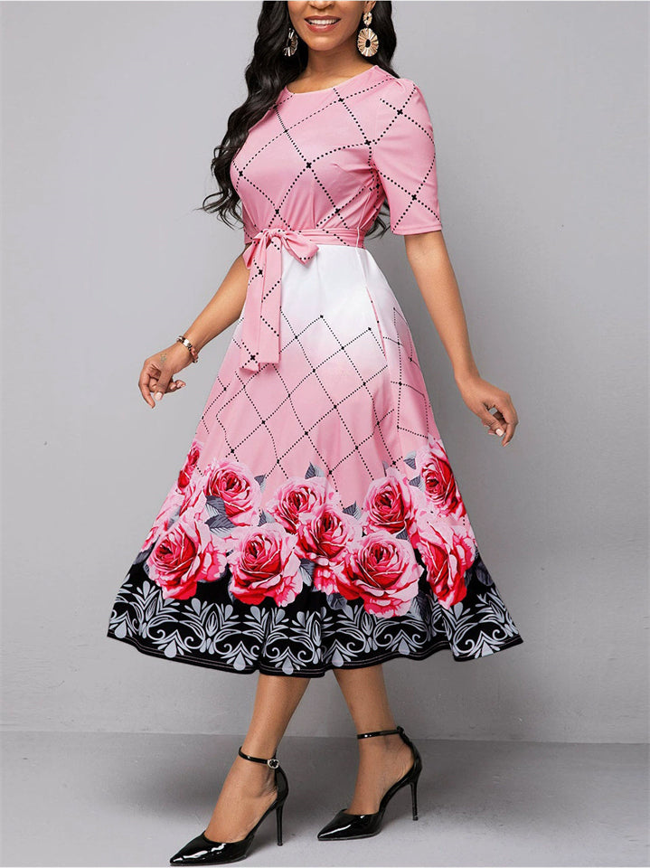 Women's Rose Printed Round Neck Short Sleeve Tie Waist Midi Dress