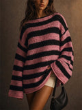 Women Contrast Color Striped Oversized Chunky Crochet Knit Sweaters