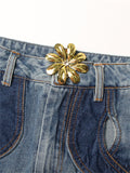 Ladies Metallic Flower Contrast Color Cutout Jeans