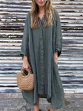 Women's Summer Loose Solid Color Button Up Long Sleeve Shirt Dress