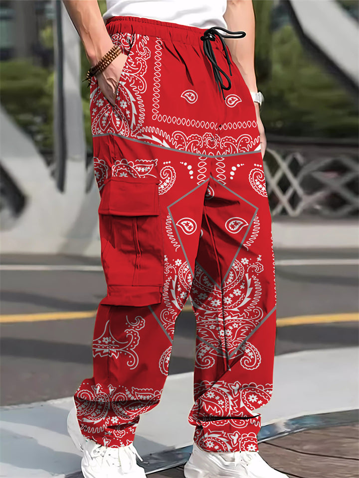 Men's Casual Paisley Print Cargo Jogger Pants with Pockets