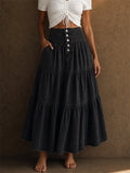 Women High Waist Boho Button Front Tiered Denim Maxi Skirt