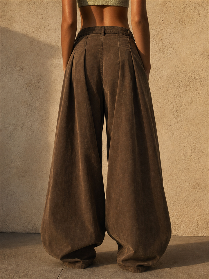Women Baggy Wide Leg Pleated Trousers Oversized Brown Pants