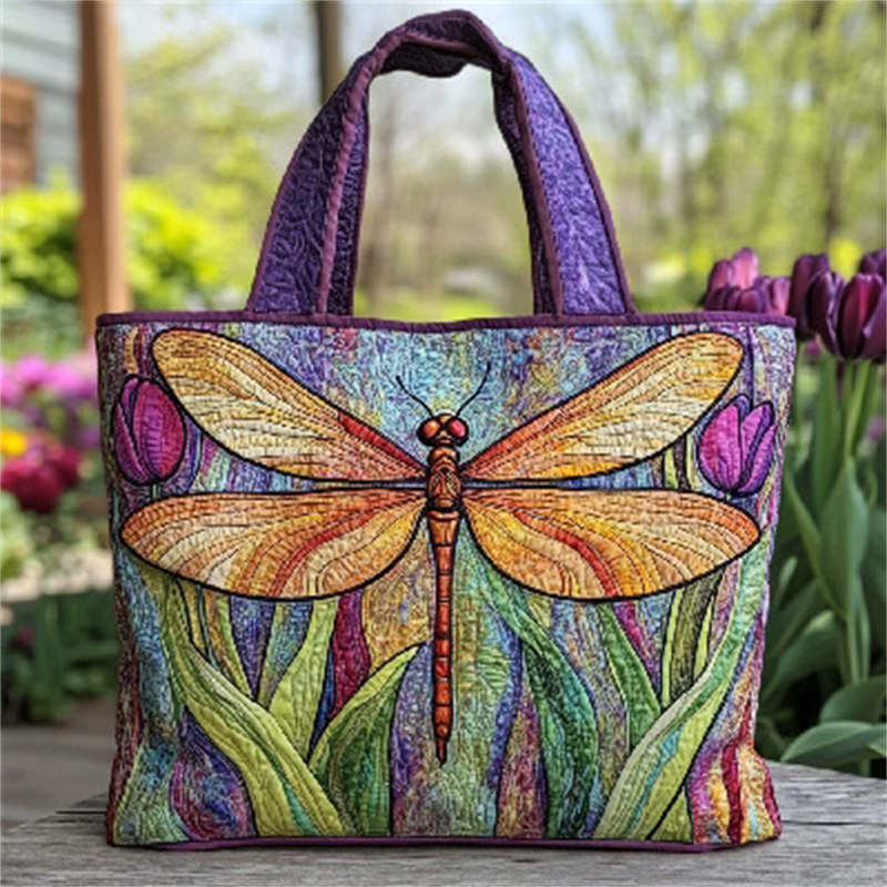 Dragonfly Floral Print Quilted Canvas Tote Bag