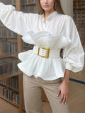 Korean Style Ruffled Sleeve Stand Collar High Waist Blouse