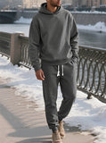 Men's Casual Solid Color Textured Jacquard Drawstring Hooded Sweatshirts & Sweatpants Outfit