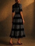Women Elegant Black White Lace Tiered Midi Evening Dress