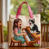 Singing Girl and Cat Piano Canvas Tote Bag