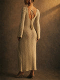 Women Boho Bell Sleeve Backless Crochet Knit Maxi Dress