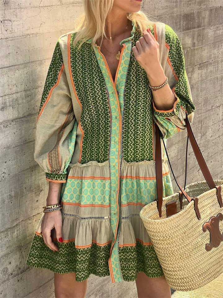 Women's Summer Green Print Patchwork 3/4 Sleeve Dress
