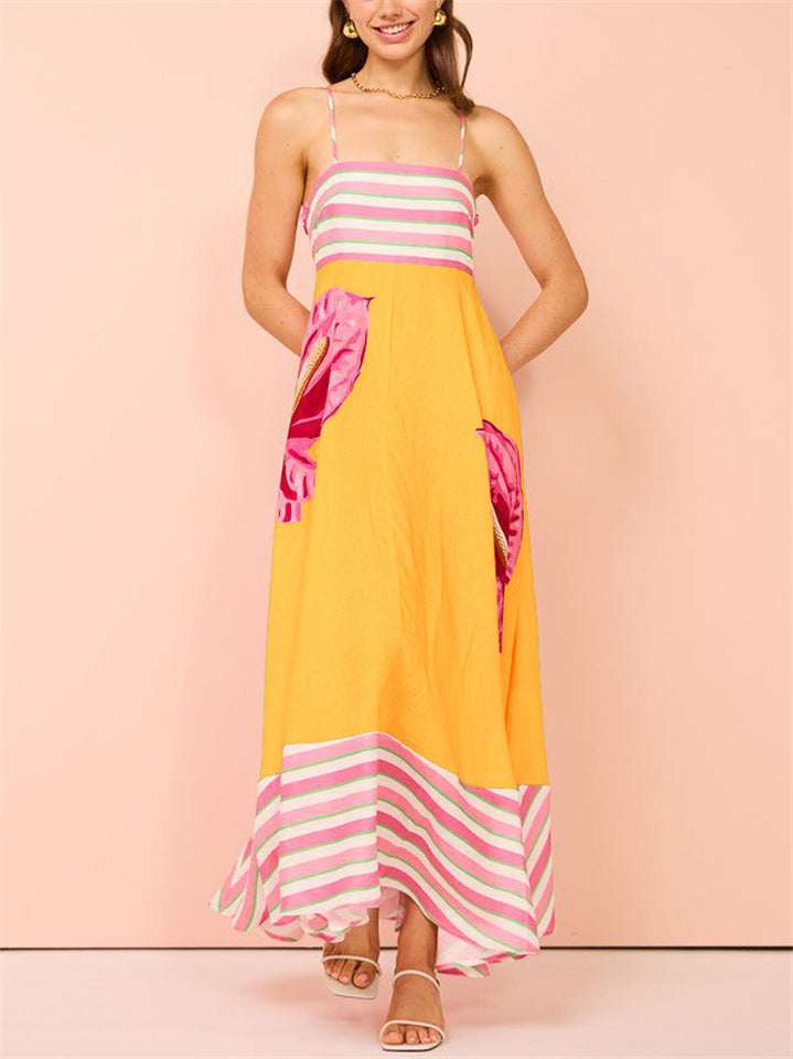 Women's Summer Holiday Style Leaf Print Big Hem Strap Maxi Dress