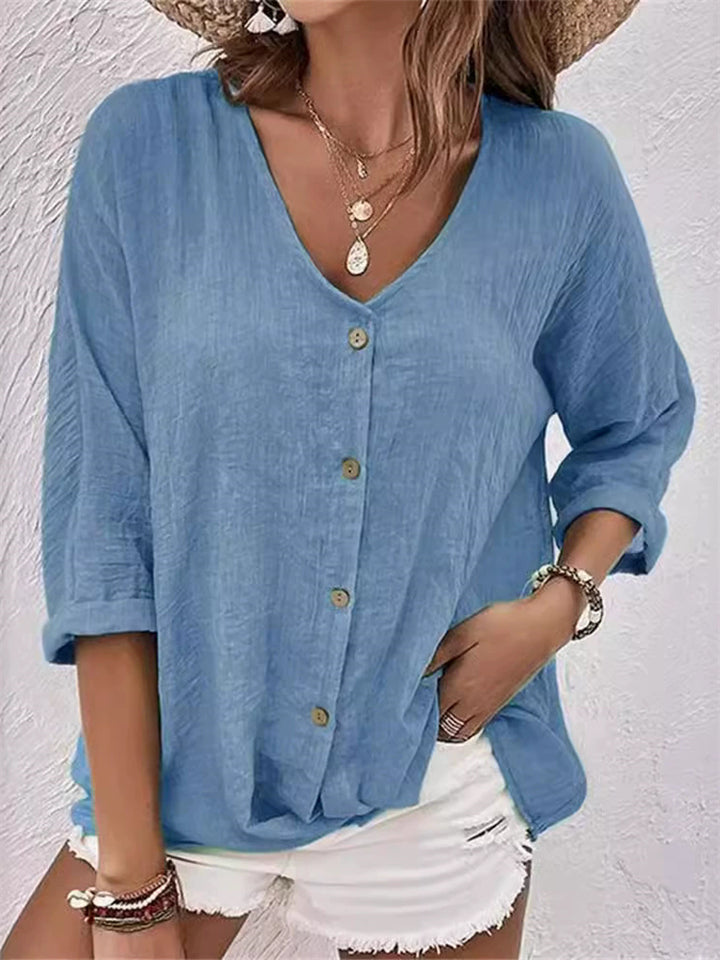 Casual Solid Color Loose Button Up V Neck Blouses for Women