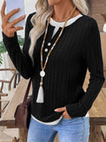 Women Simple Pullover Patchwork Collar Long Sleeve Knit Top