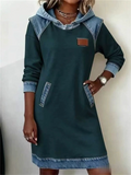 Women's ‌Two Tone Denim Patchwork Long Sleeve Hooded Dress