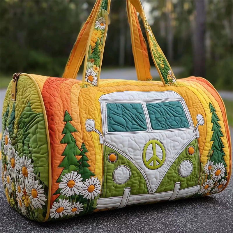 Green Hippie Van Quilted Duffle Bag with Tree and Flowers