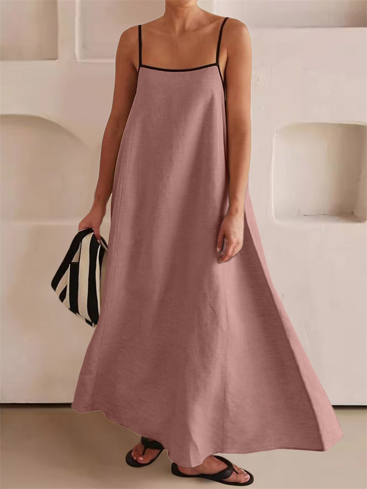 Ladies Contrast Color Lace-Up Spaghetti Strap Summer Dress