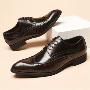 Men's Vintage Pointed Toe Shiny Carved Brogue Dress Shoes