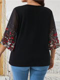 Plus Size Women's Summer Black Printed Round Neck Half Sleeve Shirt