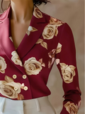Women's V-Neck French Style Double Breasted Floral Print Lapel Blouses
