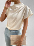 Ladies' Elegant Solid Color Semi-high Neck Short Sleeve Satin Blouses