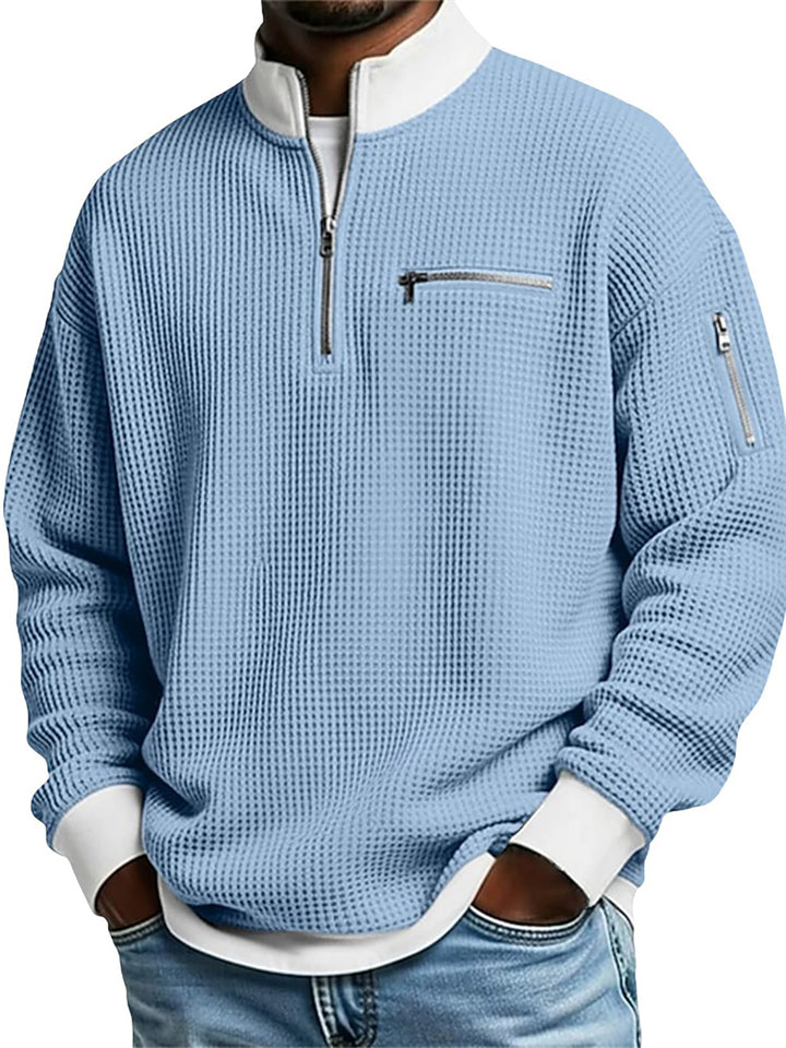 Mens Waffle Knit Quarter Zip Multi Zipper Pullover Sweatshirts