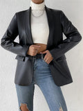 ‌Simple Black Faux Leather Single Breasted Blazer for Women