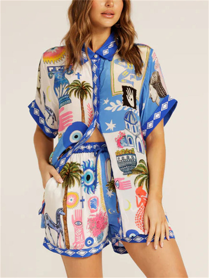 Women's 2pcs Casual Cartoon Print Short Sleeve Shirt & Pants Set