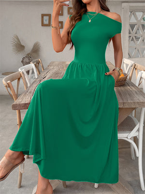 Women's Summer Solid Color Pockets One Shoulder Dress