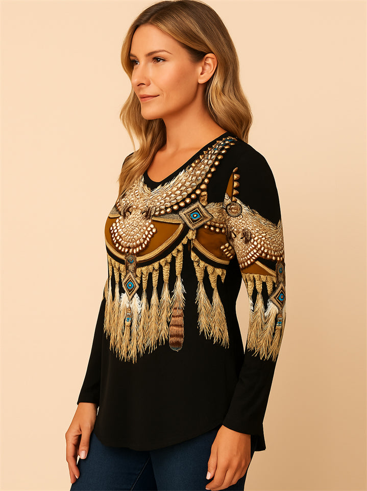 Women's Casual Ethnic Style Printed V-Neck Long Sleeve T-Shirts