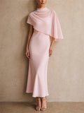 Womens Elegant Chiffon Capelet Overlay Wedding Guest Midi Dress