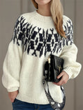 Women's Retro Jacquard Contrast Color Round Neck Long Sleeve Sweater