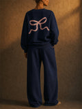 Women Bow Coquette 2 Piece Sweatshirt Wide Leg Pants Set