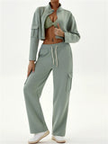 Women's Casual Sporty Cargo Jogger Set Cropped Zip Up Sweatsuit