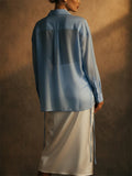 Womens Blue Linen Button Down Oversized Casual Shirt