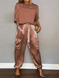 Women's 2Pcs Solid Color Short Sleeve Satin Round Neck Shirt & Pants Set