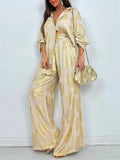 Women's Gold Floral Print Button Up Loose Fit Top and Wide Leg Pants Set‌