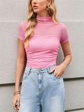 Women's Sexy Solid Color Mesh Patchwork High Neck Shirts