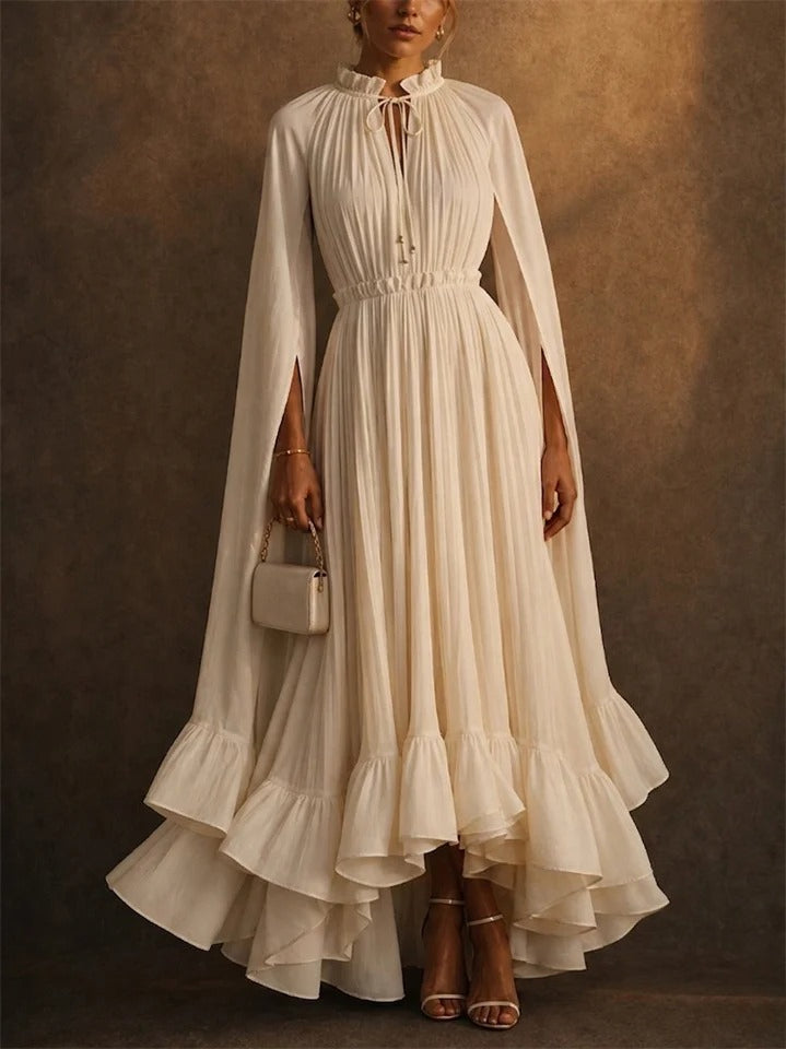 Women Fashion Cape Sleeve Pleated Ruffle Evening Maxi Gown Dress