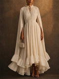 Women Fashion Cape Sleeve Pleated Ruffle Evening Maxi Gown Dress