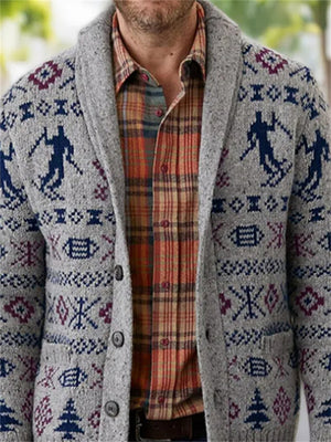 Men's Winter Gray Jacquard Single Breasted Lapel Long Sleeve Sweaters