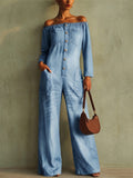 Women Off Shoulder Button Up Wide Leg 3/4 Sleeve Jumpsuit